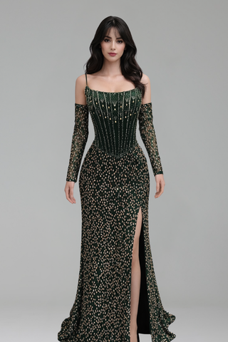 Off Shoulder Beaded Slit Dress - LAROSABRIDE