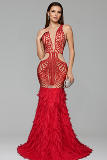 Feathered Embellished Mermaid Evening Gown - LAROSABRIDE