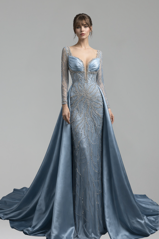 Beaded Long Sleeve Dress - LAROSABRIDE