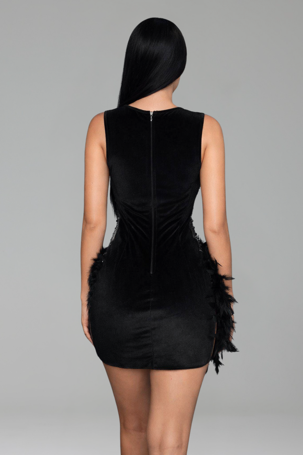 Sheer Embellished Feather Hem Mini Dress - LAROSABRIDE