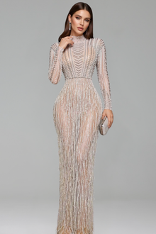 Beaded Fringe Sheer Long-Sleeve Gown - LAROSABRIDE