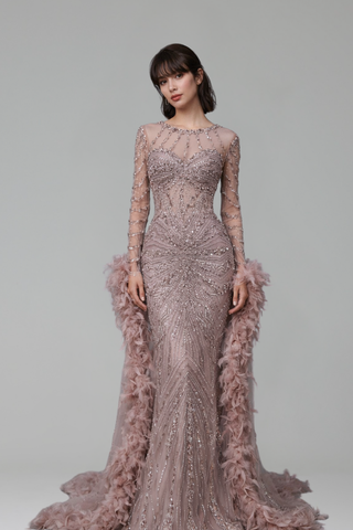 Beaded Mermaid Gown with Feather Cuffs - LAROSABRIDE
