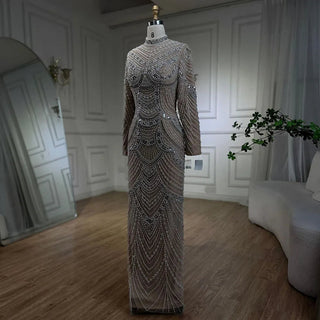 Ships in 2 to 5 Days - 2025 Muslim Nude Elegant Mermaid High Split Beaded Luxury Evening Dress - Gown for Women's Wedding Party