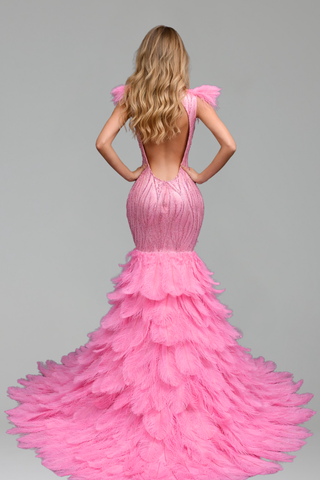 Feathered Illusion Mermaid Evening Dress