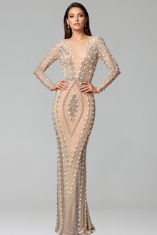 Pearl Embellished Illusion Evening Gown - LAROSABRIDE