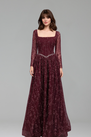 Beaded Long Sleeve Evening Dress - LAROSABRIDE