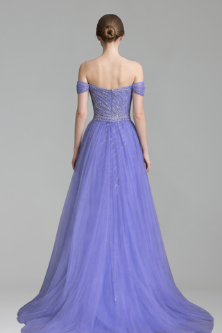 Boat Neck Beaded Split Gown - LAROSABRIDE