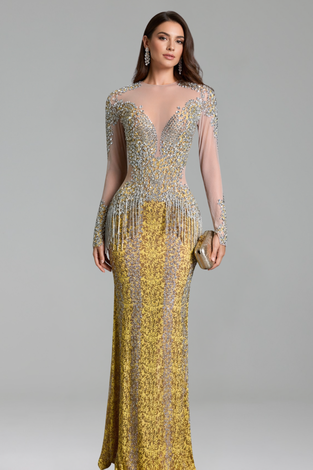Crystal Embellished Illusion Panel Gown - LAROSABRIDE