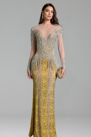 Crystal Embellished Illusion Panel Gown - LAROSABRIDE