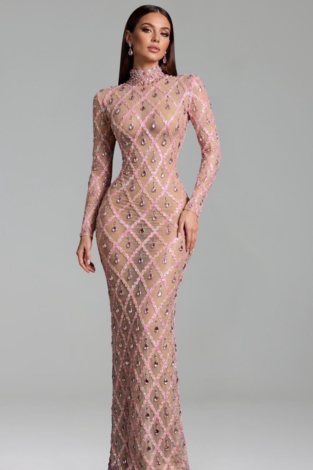 Embellished Illusion Bodycon Maxi Dress - LAROSABRIDE
