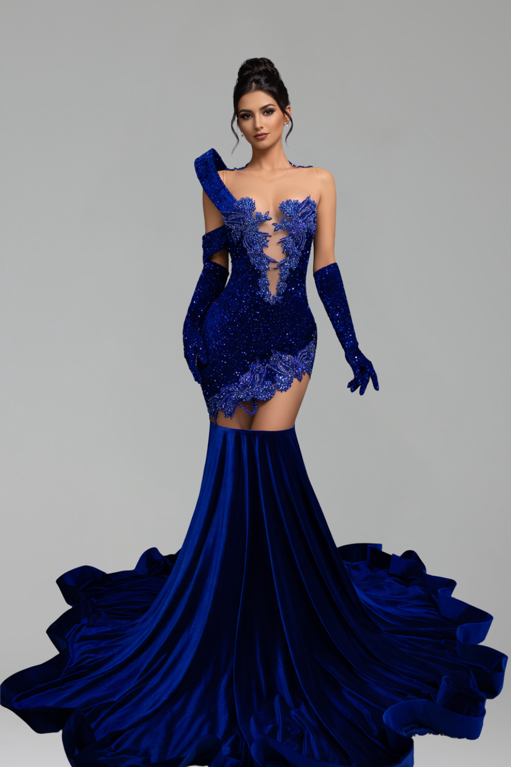 Beaded Illusion Mermaid Gloves Gown - LAROSABRIDE