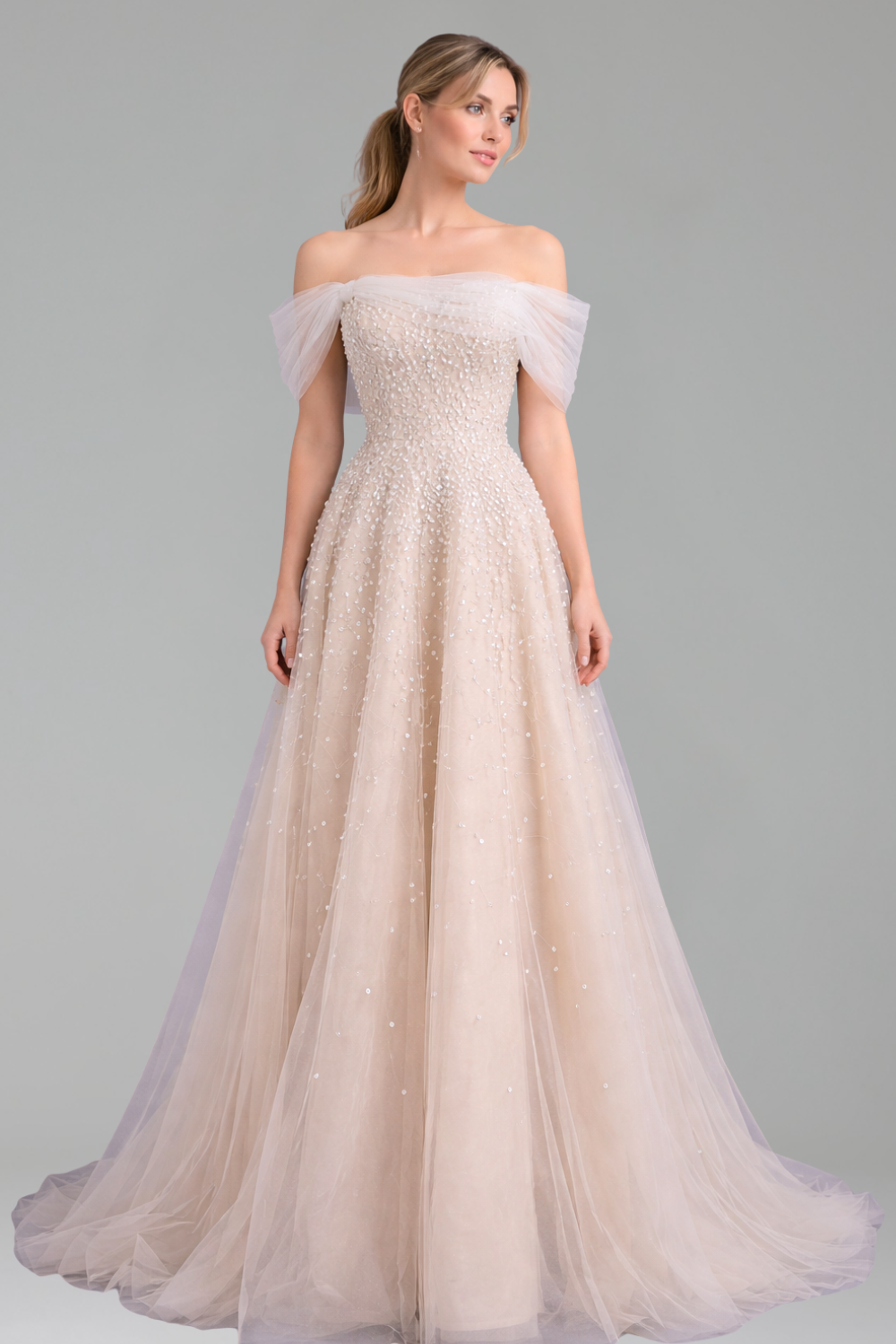Off Shoulder Beaded Evening Dress - LAROSABRIDE