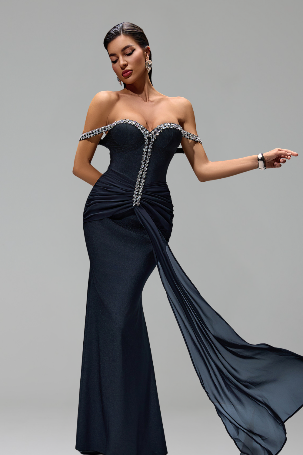 Off-Shoulder Crystal-Draped Gown-Larosabride