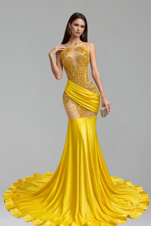 Beaded Illusion Draped Mermaid Gown - LAROSABRIDE