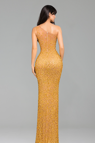 One-Shoulder Crystal Slit Gown