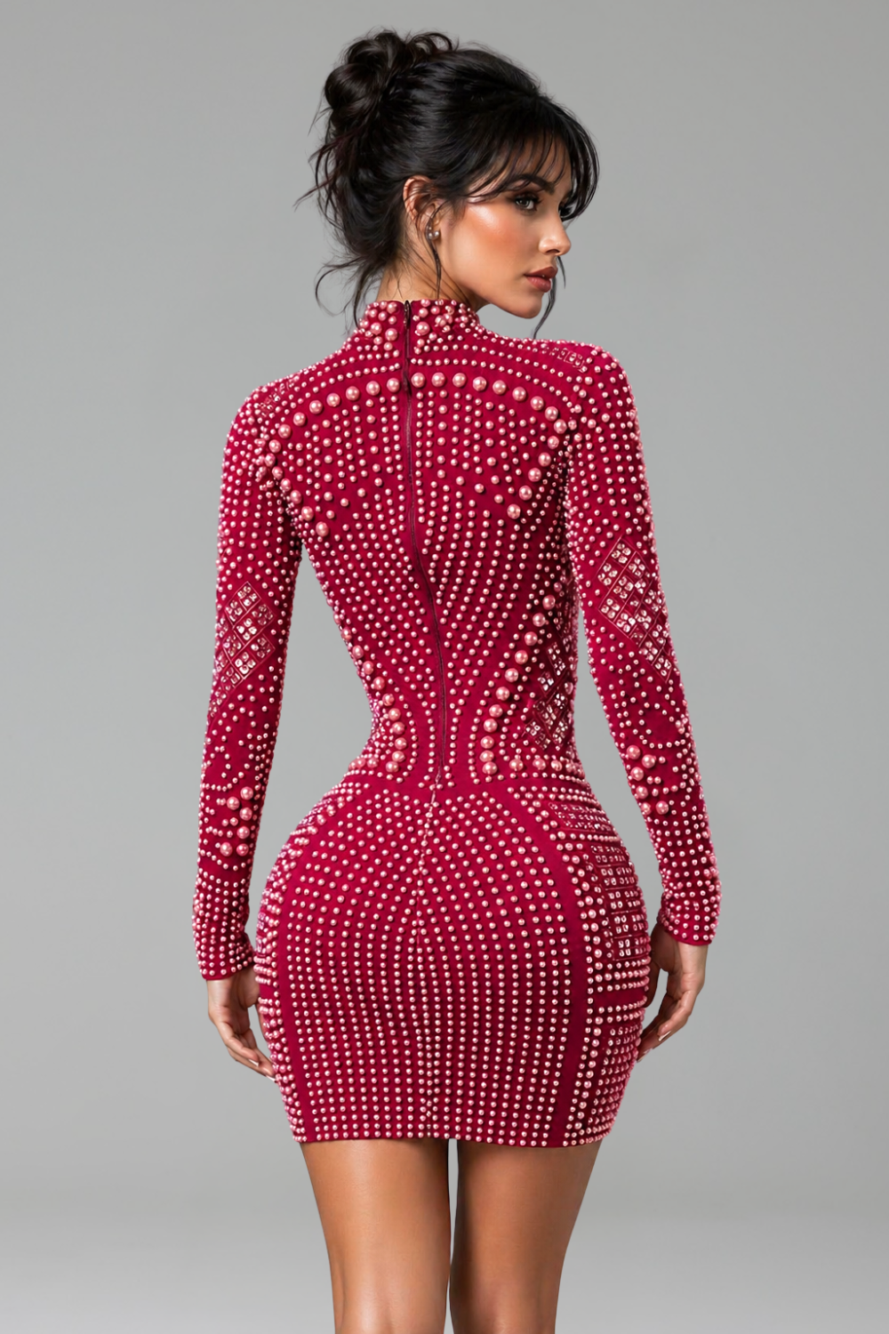 High Neck Studded Bodycon Mini Dress - LAROSABRIDE