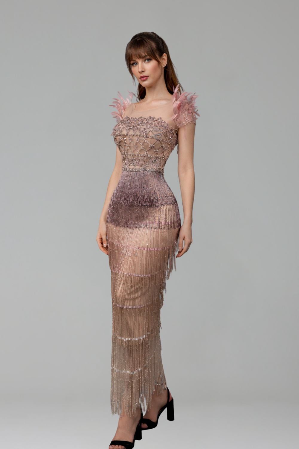 Feather Tassel Beaded Evening Dress - LAROSABRIDE