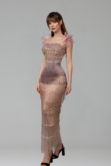 Feather Tassel Beaded Evening Dress - LAROSABRIDE