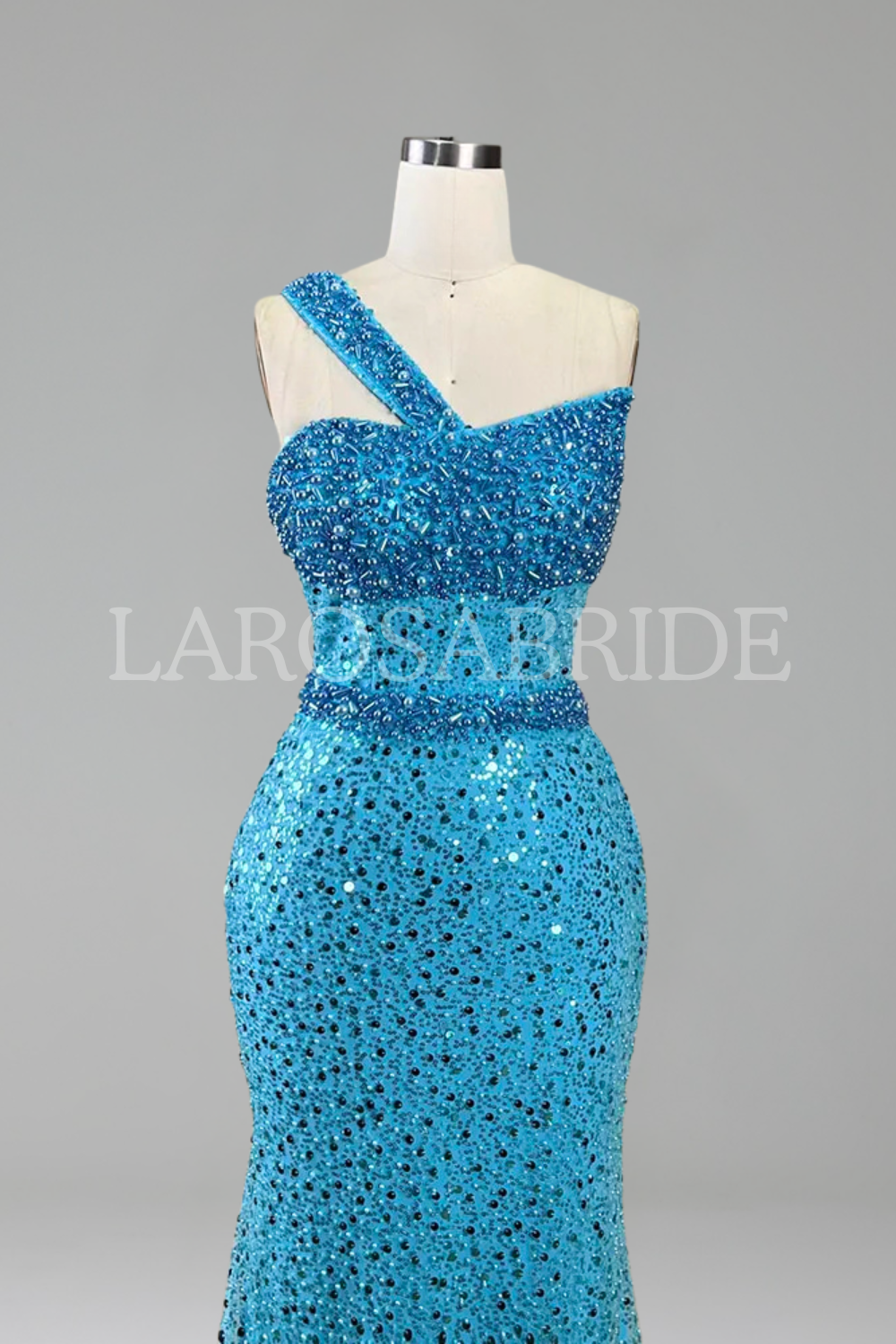 One-Shoulder Beaded Mermaid Dress-Larosabride