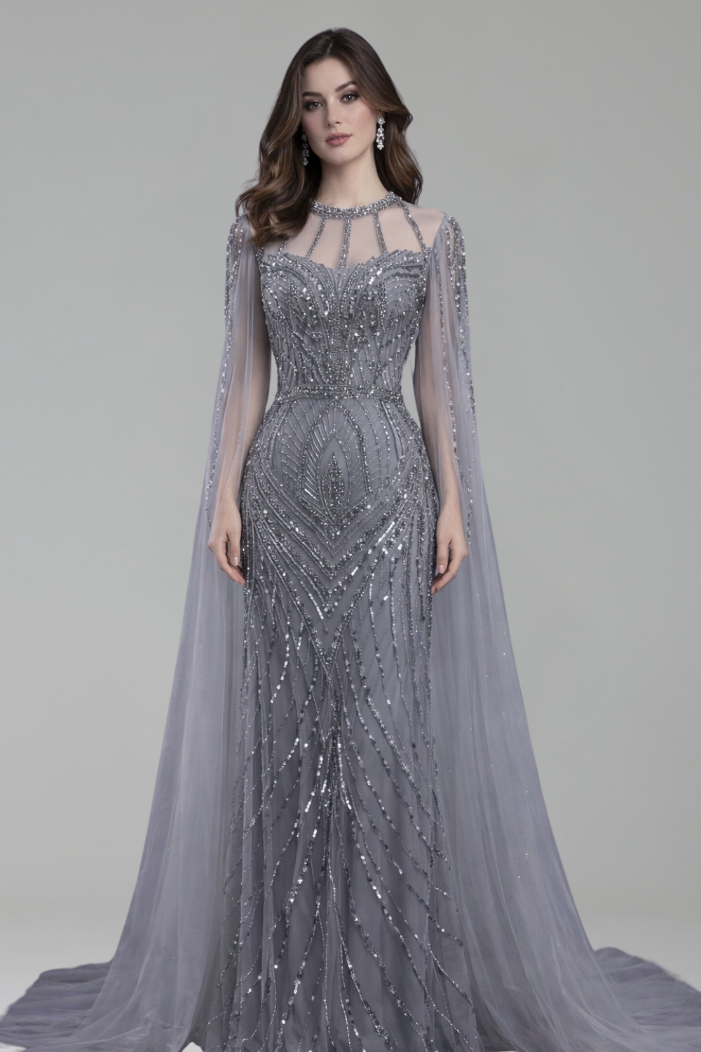 Beaded Mermaid Dress with Cape Sleeves - LAROSABRIDE