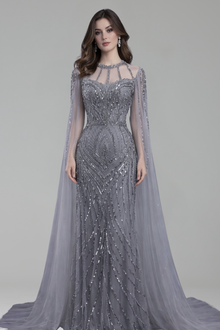 Beaded Mermaid Dress with Cape Sleeves - LAROSABRIDE