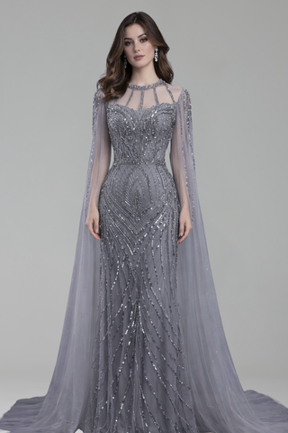 Beaded Mermaid Dress with Cape Sleeves