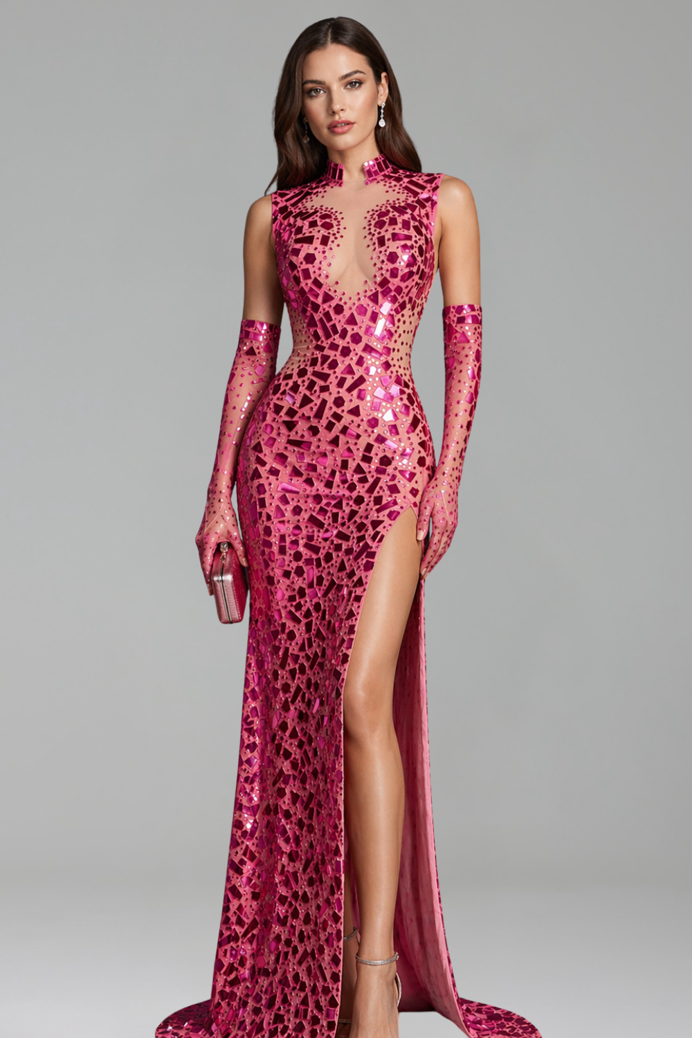 Gold Mirror Embellished Sheath Gown - LAROSABRIDE