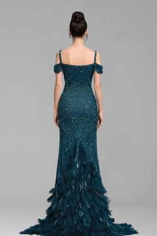 Feather Beaded Split Mermaid Gown