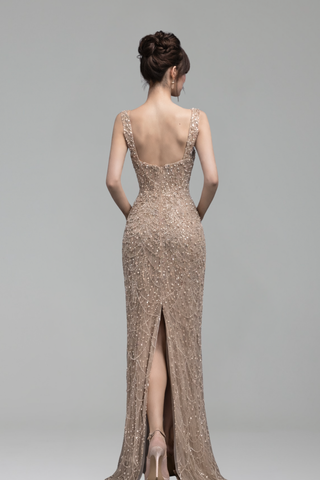 Spaghetti Strap Pearls Beaded Gown - LAROSABRIDE