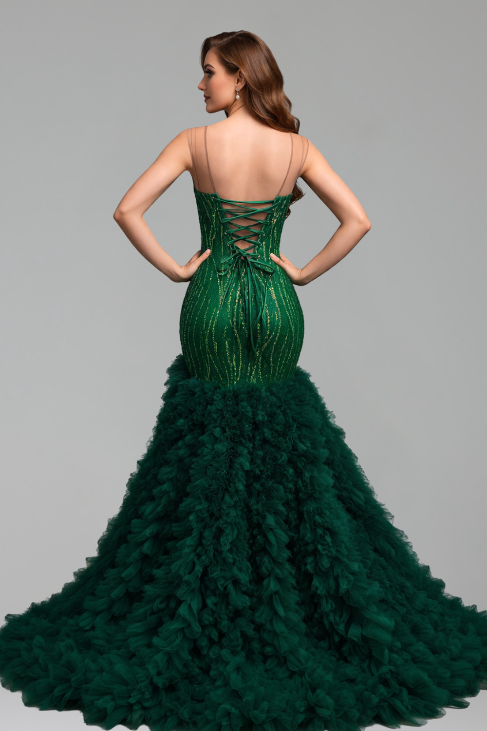 Plunging Ruffle Mermaid Dress - LAROSABRIDE
