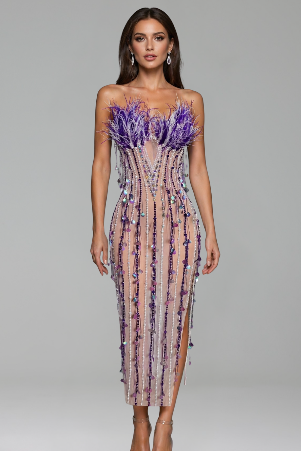 Feather Crystal Fringe Midi Dress - LAROSABRIDE