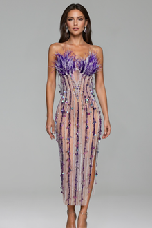 Feather Crystal Fringe Midi Dress - LAROSABRIDE