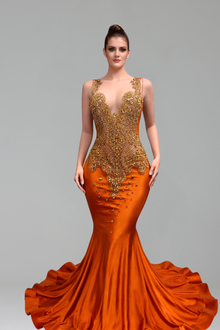 Plunging Embellished Mermaid Evening Gown - LAROSABRIDE