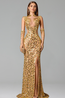 Gold Mirror Embellished Sheath Gown - LAROSABRIDE