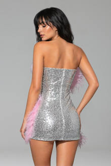 Feather Trim Sequin Mini Dress - LAROSABRIDE