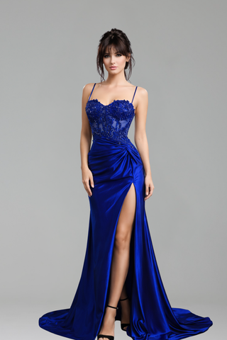 Beaded Satin Slit Evening Dress - LAROSABRIDE