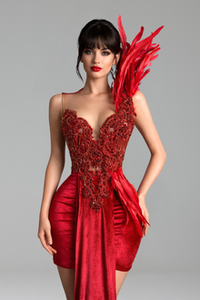 Feathered Embellished Sheer Mini Dress - LAROSABRIDE