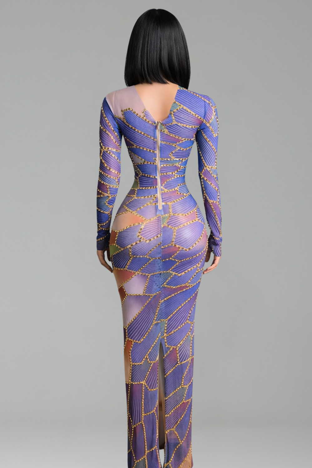 Abstract Embellished Sheer Bodycon Maxi Dress - LAROSABRIDE
