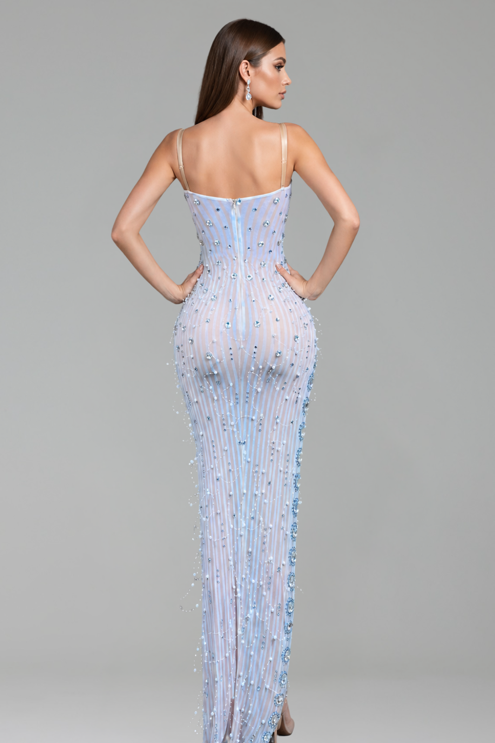Embellished Sheer Illusion Column Gown - LAROSABRIDE