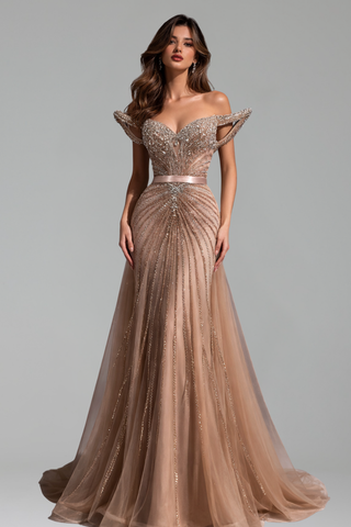 Nude Crystal Beaded Off-Shoulder Mermaid Evening Gown - LAROSABRIDE