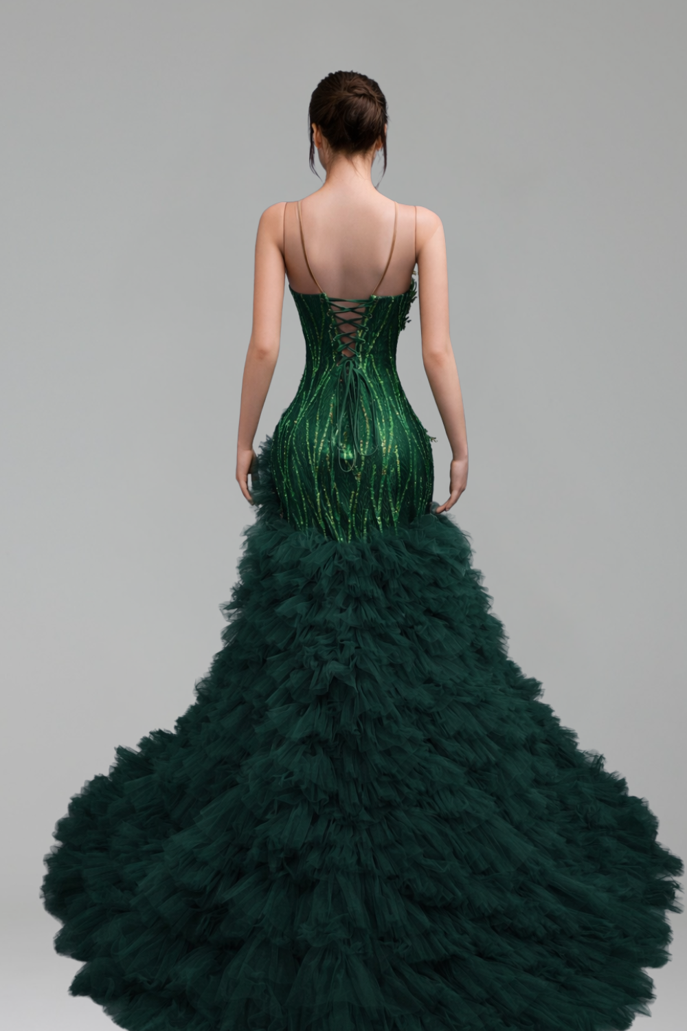 Plunging Corset Ruffle Evening Dress - LAROSABRIDE