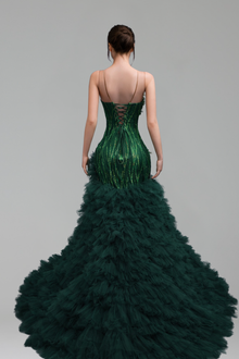 Plunging Corset Ruffle Evening Dress - LAROSABRIDE