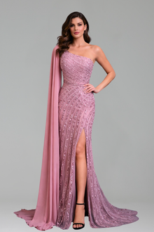 One-Shoulder Beaded Split Gown - LAROSABRIDE