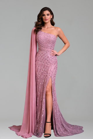 One-Shoulder Beaded Split Gown - LAROSABRIDE