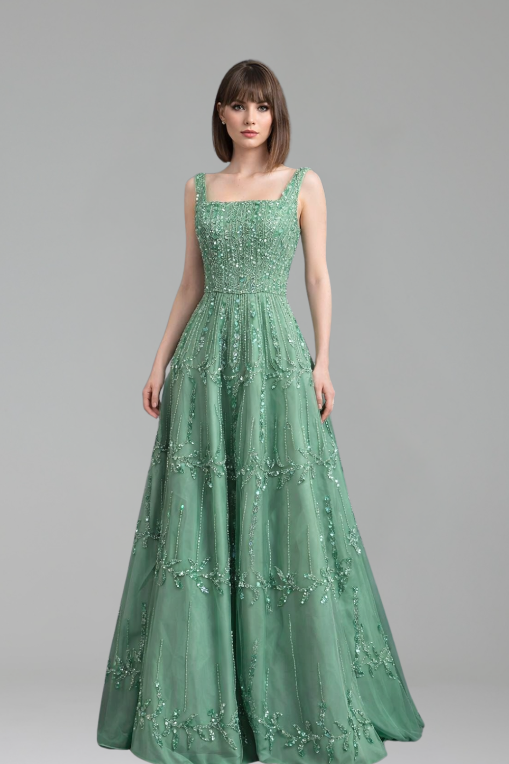 Beaded A-Line Square Neck Dress - LAROSABRIDE