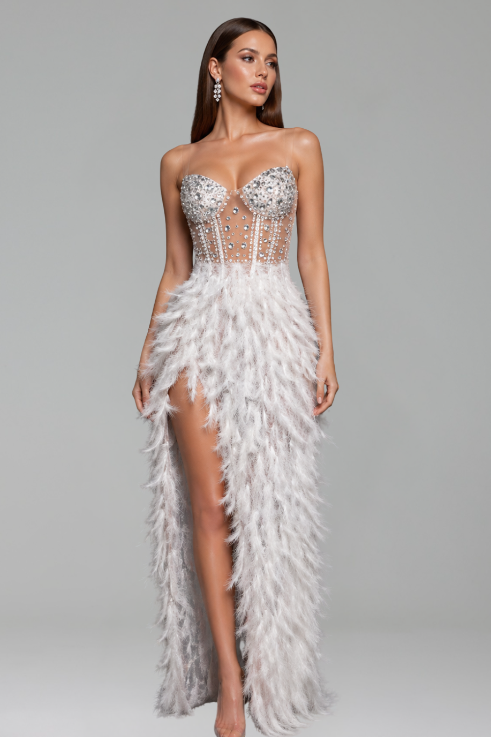 Strapless Embroidered Feather High-Slit Dress - LAROSABRIDE