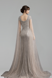 Beaded Evening Dress with Cape Sleeves - LAROSABRIDE
