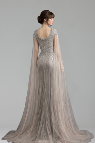 Beaded Evening Dress with Cape Sleeves - LAROSABRIDE