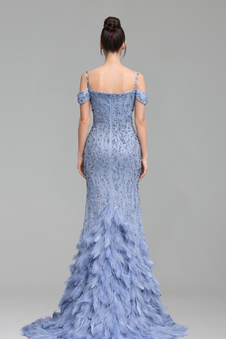 Feather Beaded Split Mermaid Gown