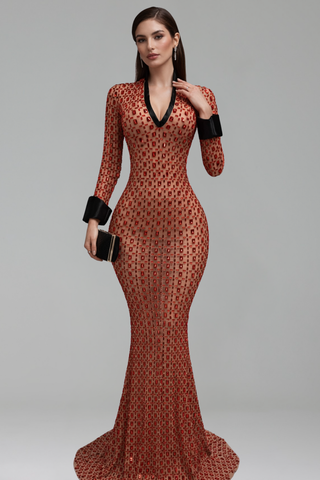 Geometric Embellished Long Sleeve Gown - LAROSABRIDE